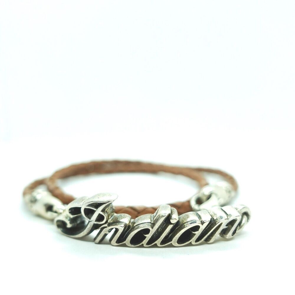 King Baby Studio Thin Braided Leather Bracelet Indian Motorcycle Script Silver